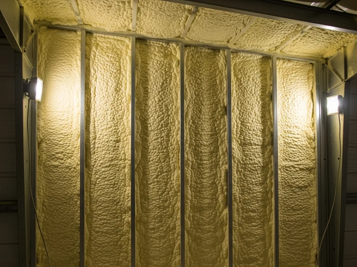 Closed cell spray foam insulation applied inside a Triton metal building